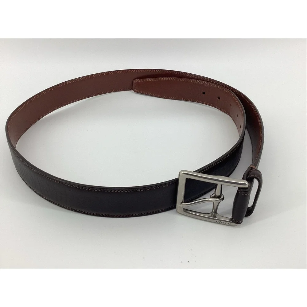 Coach Calfskin Brown Leather Belt #3752 Silver Tone Brass Buckle Mens 36